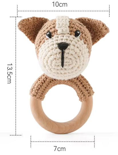 Handgemachter Beißring aus Holz & Häkelstoff – süße Tiermotive für kleine Entdecker