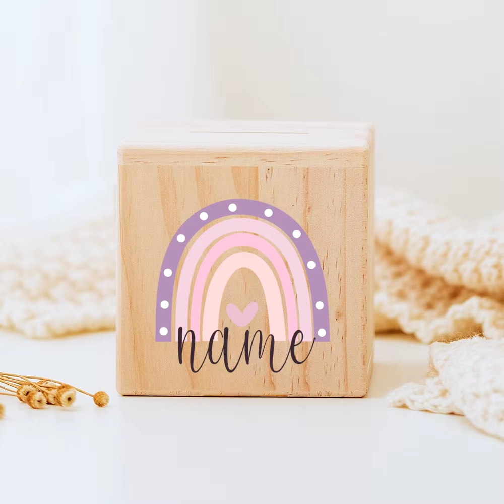 Personalisierte Regenbogen Spardose aus Holz