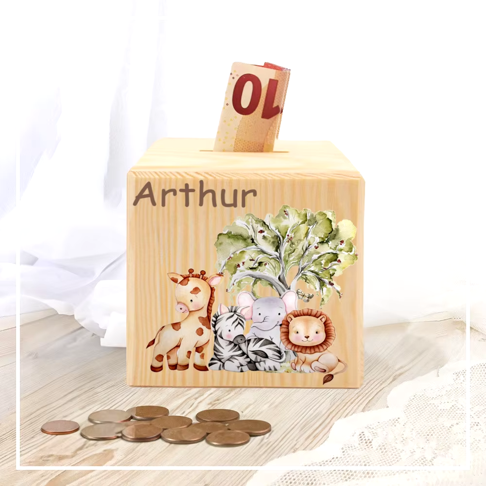 Personalisierte Spardose aus Holz mit Safari Tieren