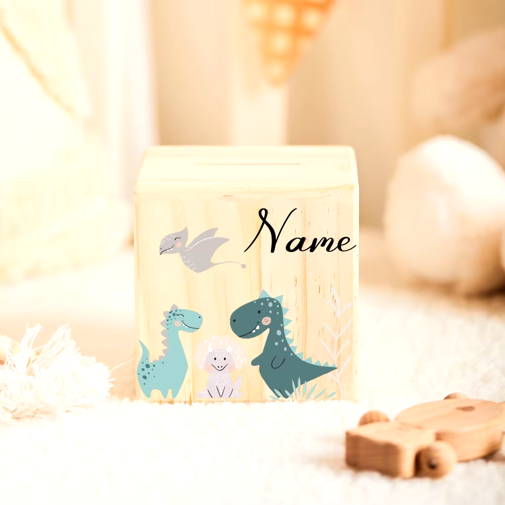 Personalisierte Spardose aus Holz mit Tiermotiven