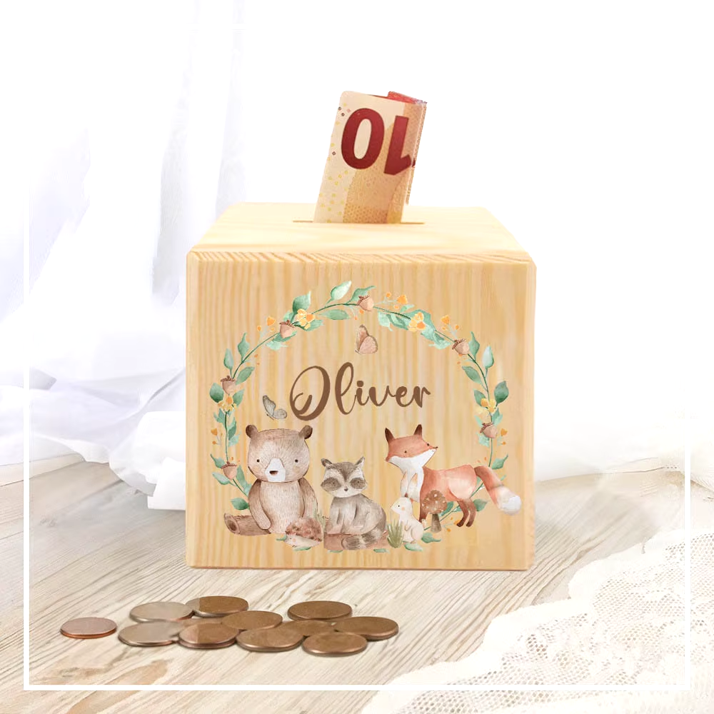 Personalisierte Spardose aus Holz mit Safari Tieren