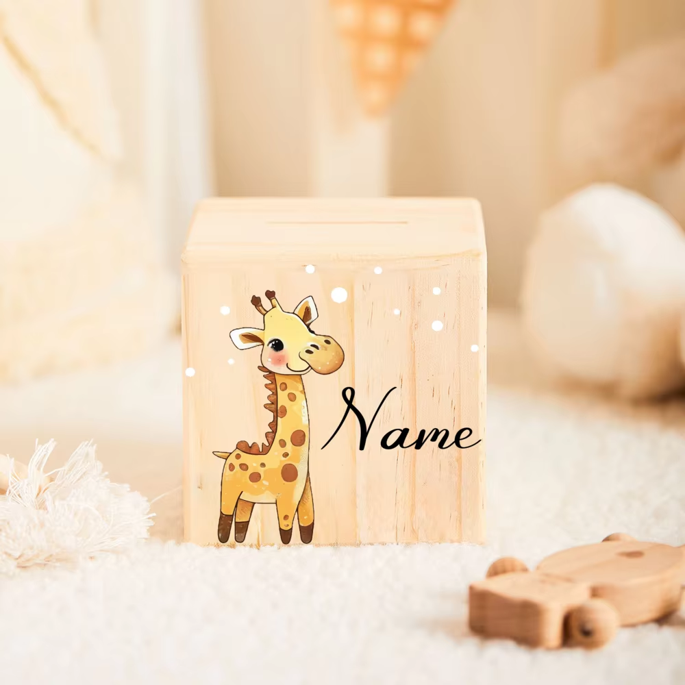 Personalisierte Spardose aus Holz mit Tiermotiven