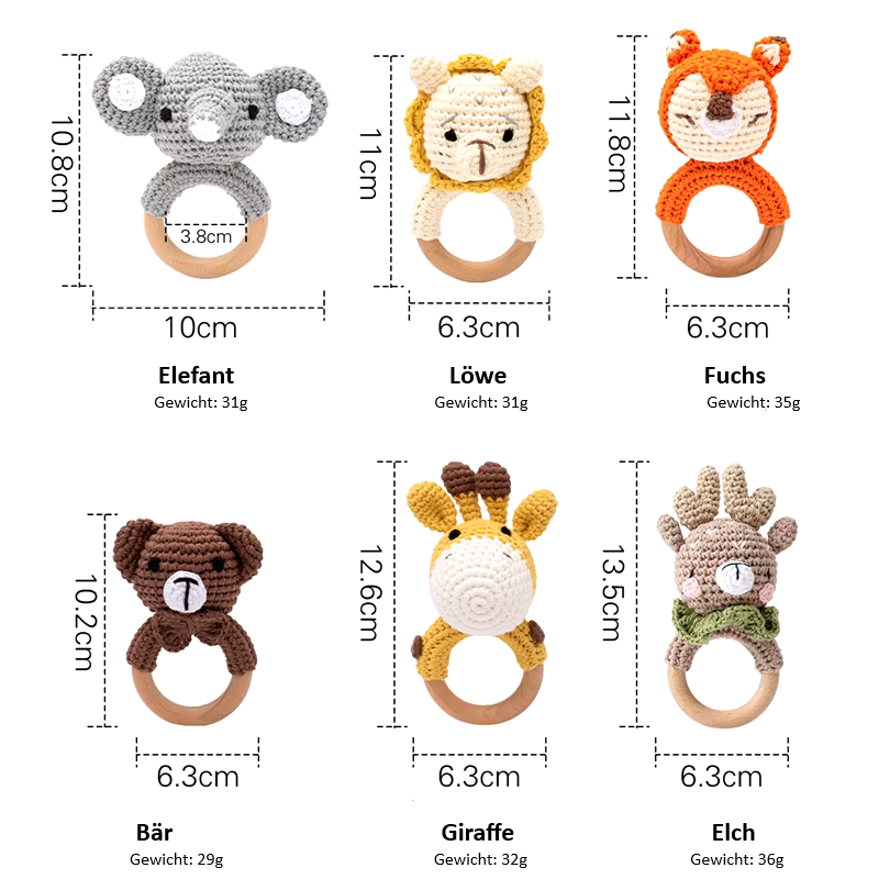 Handgemachter Beißring aus Holz & Häkelstoff – süße Tiermotive für kleine Entdecker