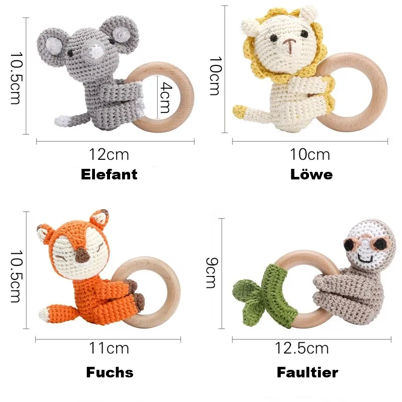 Natürlicher Beißring aus Holz & Baumwolle – Elefant, Fuchs, Löwe oder Faultier