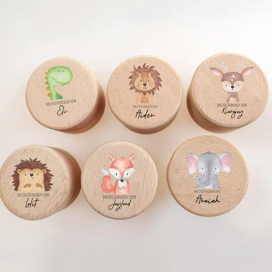 Personalisierte Milchzahndose mit Tiermotiven