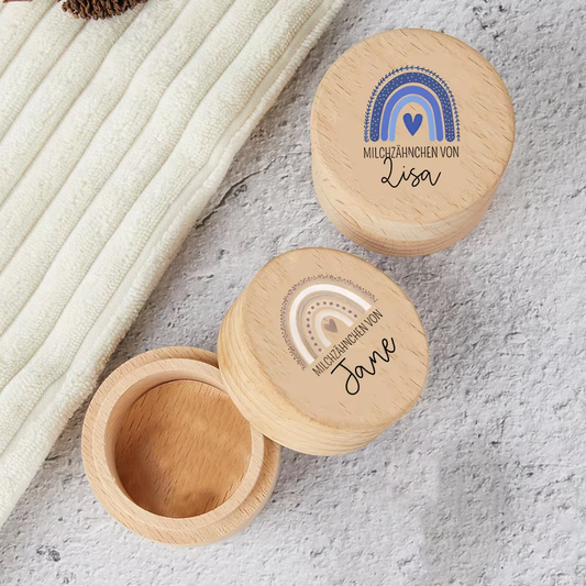 Personalisierte Milchzahndose in Regenbogenmotiven