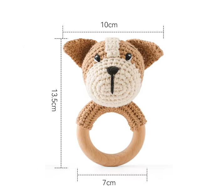 Handgemachter Beißring aus Holz & Häkelstoff – süße Tiermotive für kleine Entdecker