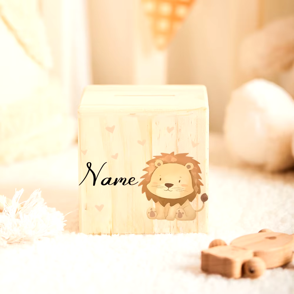 Personalisierte Spardose aus Holz mit Tiermotiven