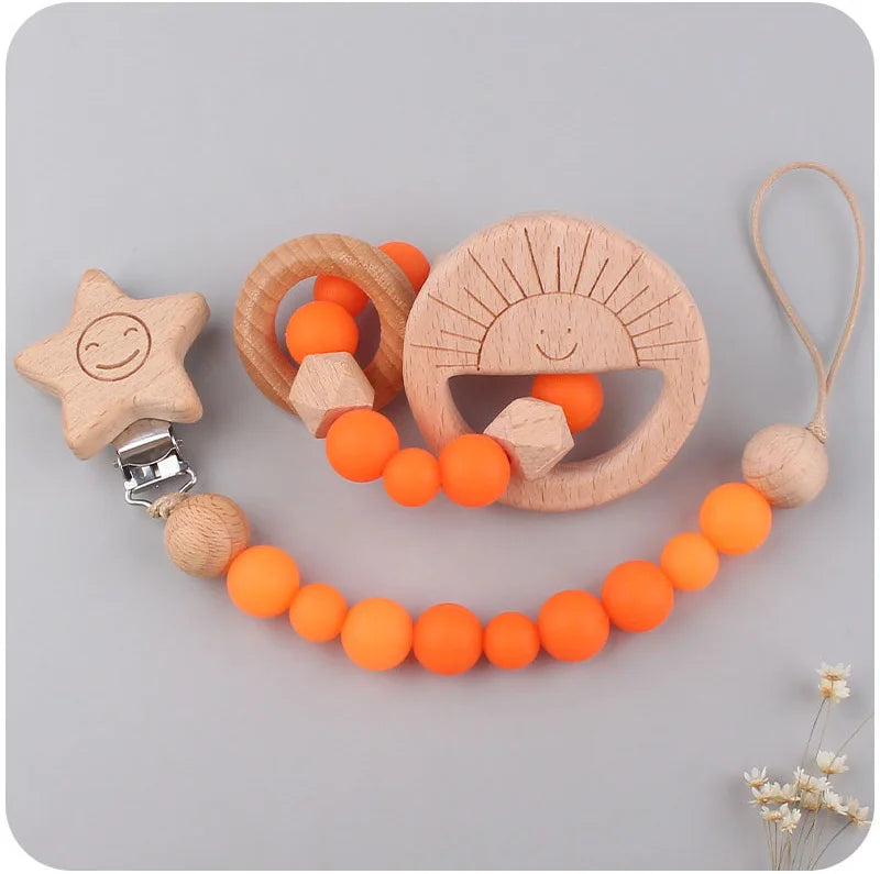 2-teiliges Holz & Silikon Babyset - Beißring und Schnullerkette