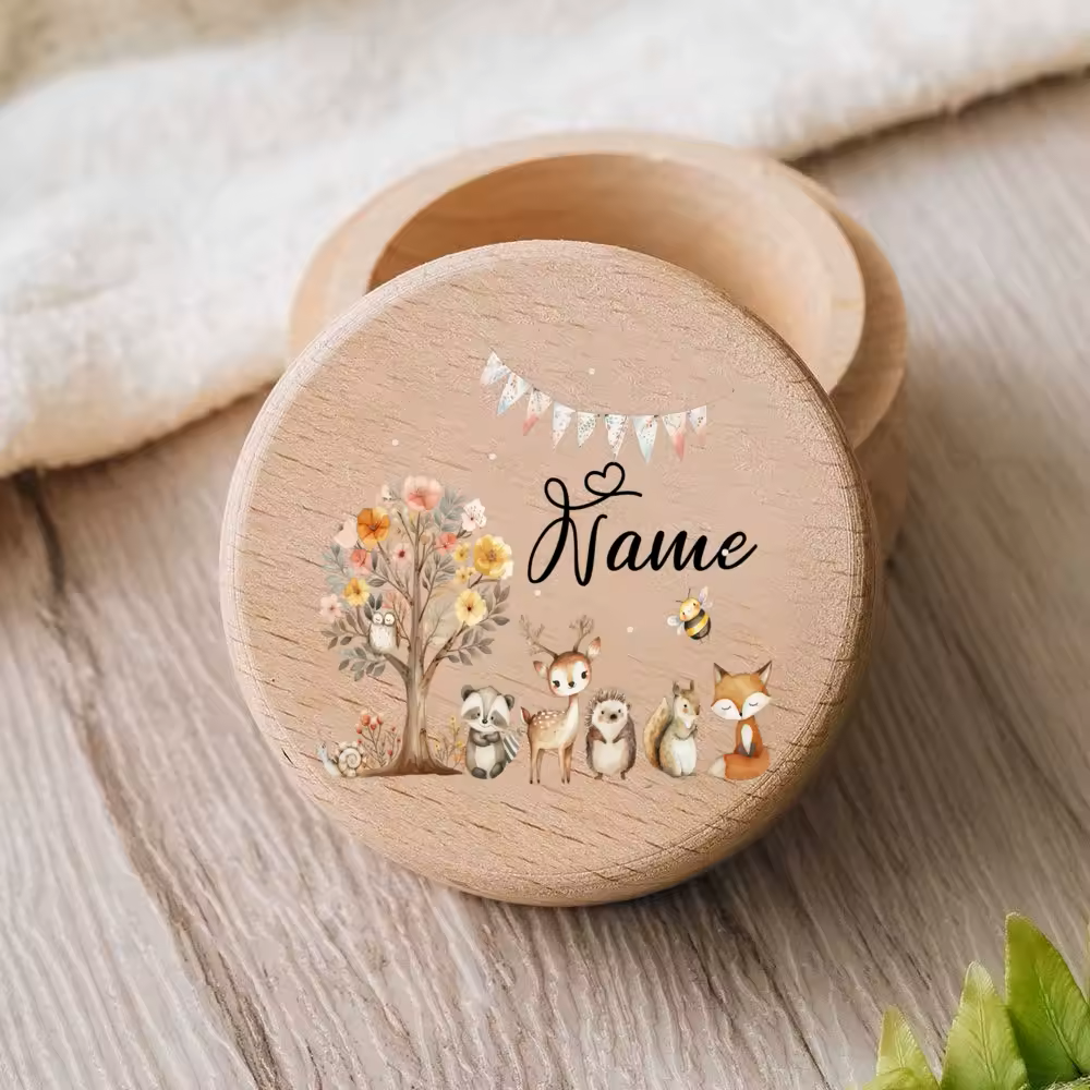 Personalisierte Milchzahndose aus Holz mit Tiermotiven