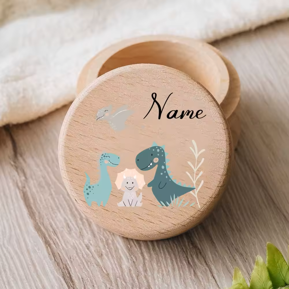 Personalisierte Milchzahndose aus Holz mit Tiermotiven