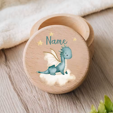 Personalisierte Milchzahndose aus Holz mit Dinosaurier-Motiv