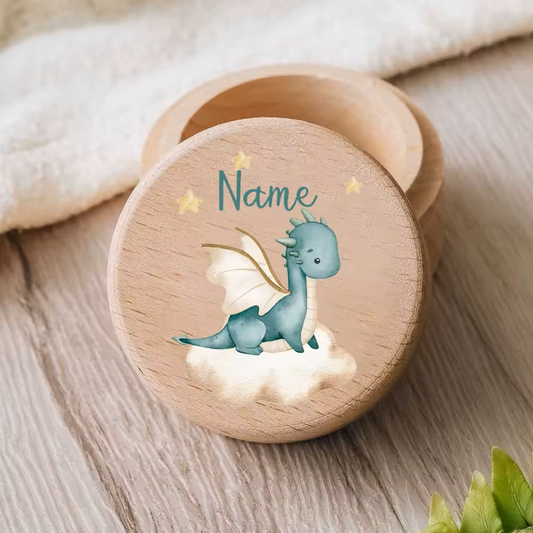 Personalisierte Milchzahndose aus Holz mit Dinosaurier-Motiv