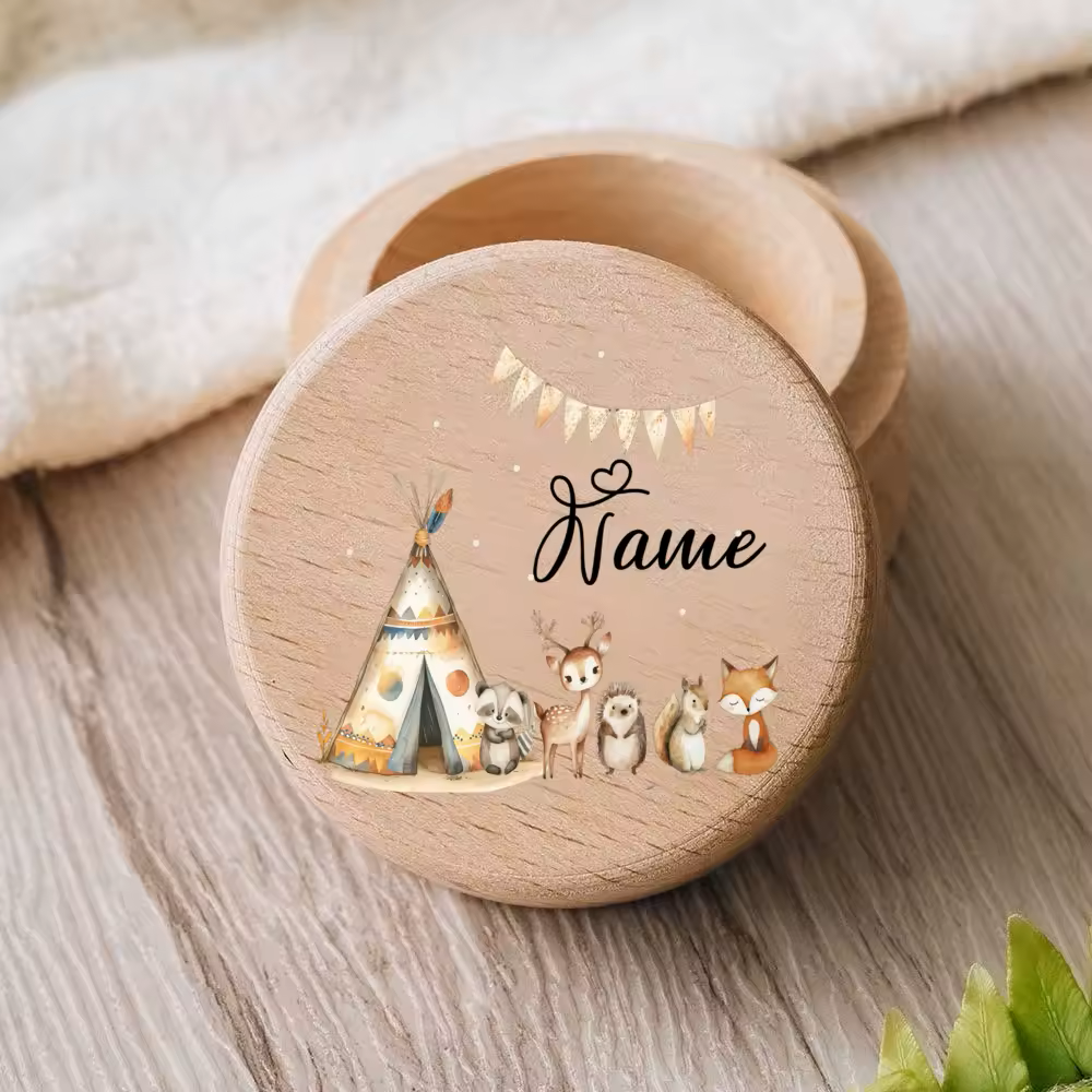 Personalisierte Milchzahndose aus Holz mit Tiermotiven