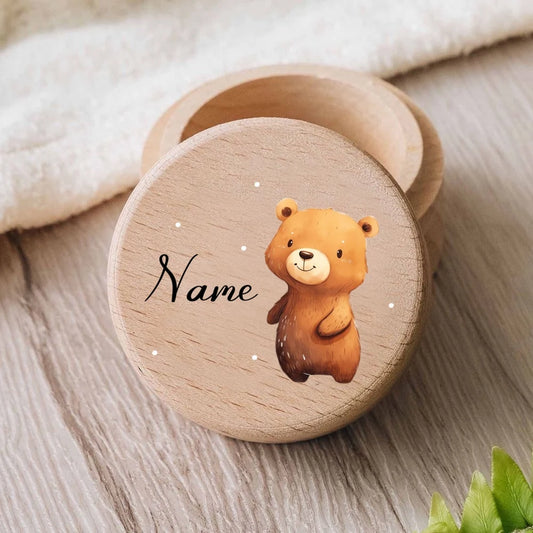 Personalisierte Milchzahndose aus Holz mit Tiermotiven