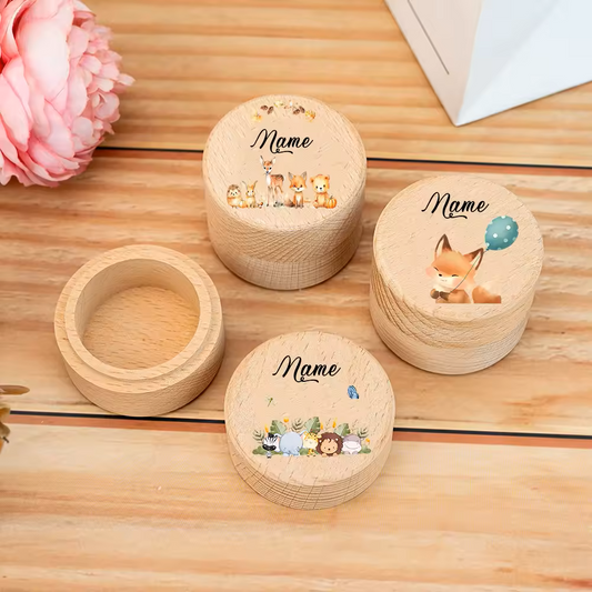 Personalisierte Milchzahndose aus Holz mit Tiermotiven