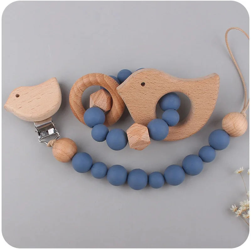 2-teiliges Holz & Silikon Babyset - Beißring und Schnullerkette