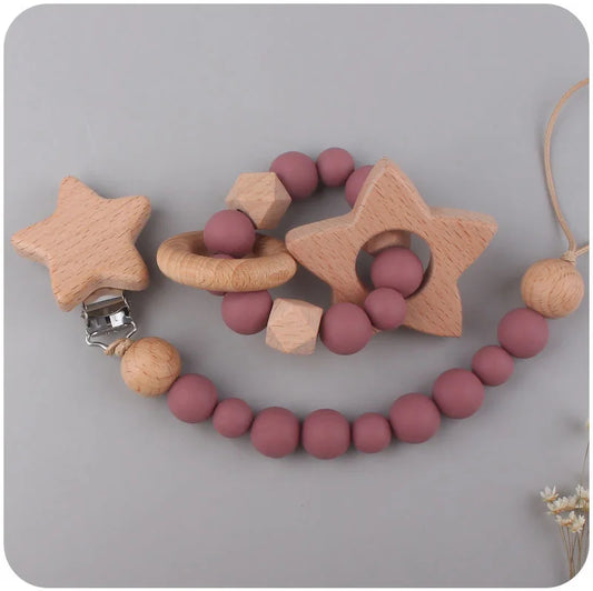 2-teiliges Holz & Silikon Babyset - Beißring und Schnullerkette