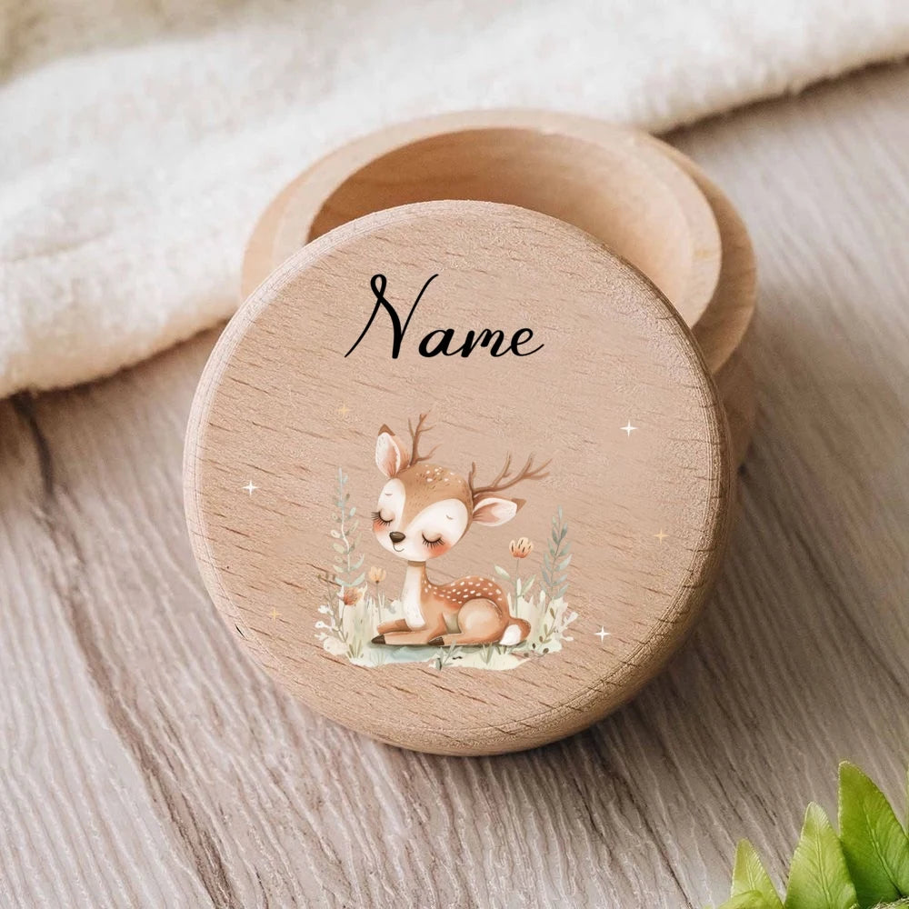 Personalisierte Milchzahndose aus Holz mit Tiermotiven