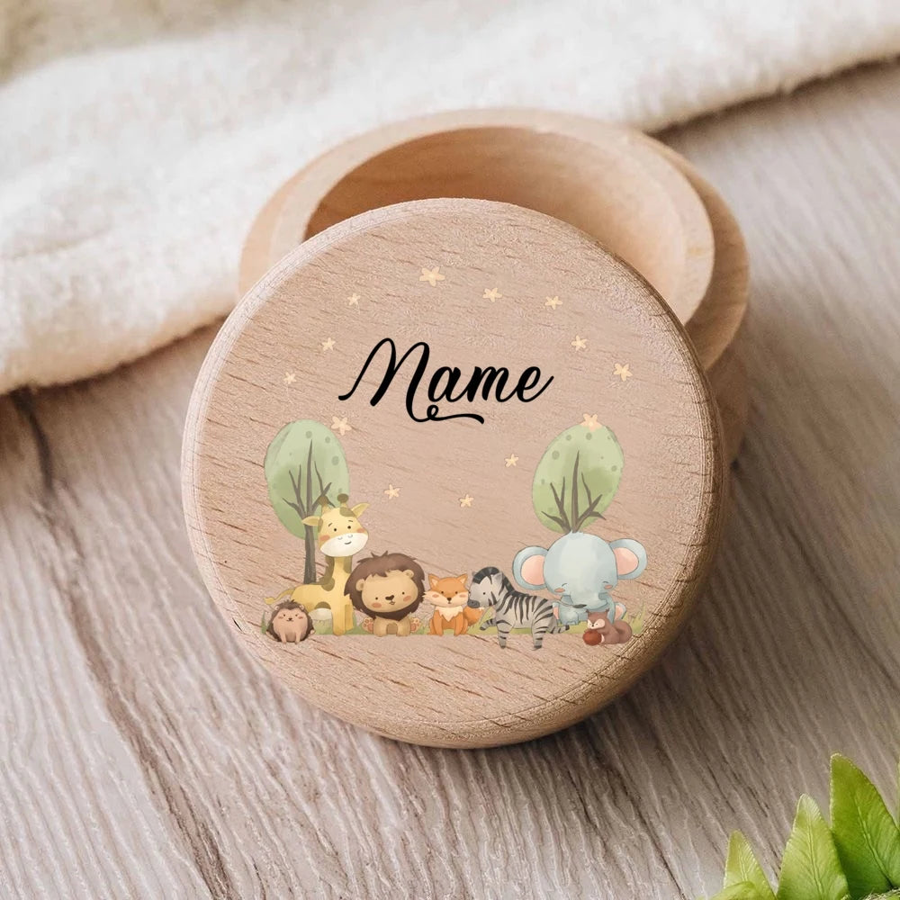 Personalisierte Milchzahndose aus Holz mit Tiermotiven