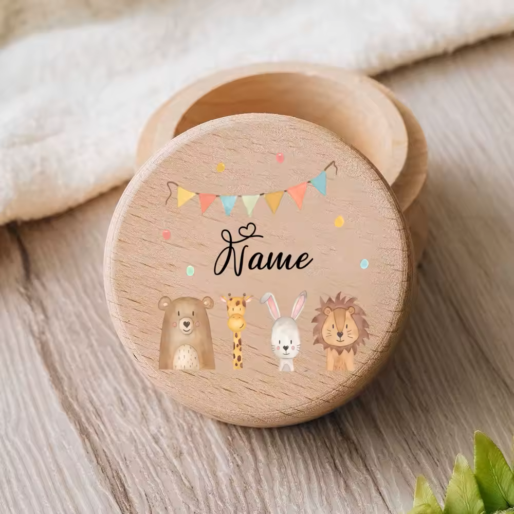 Personalisierte Milchzahndose aus Holz mit Tiermotiven