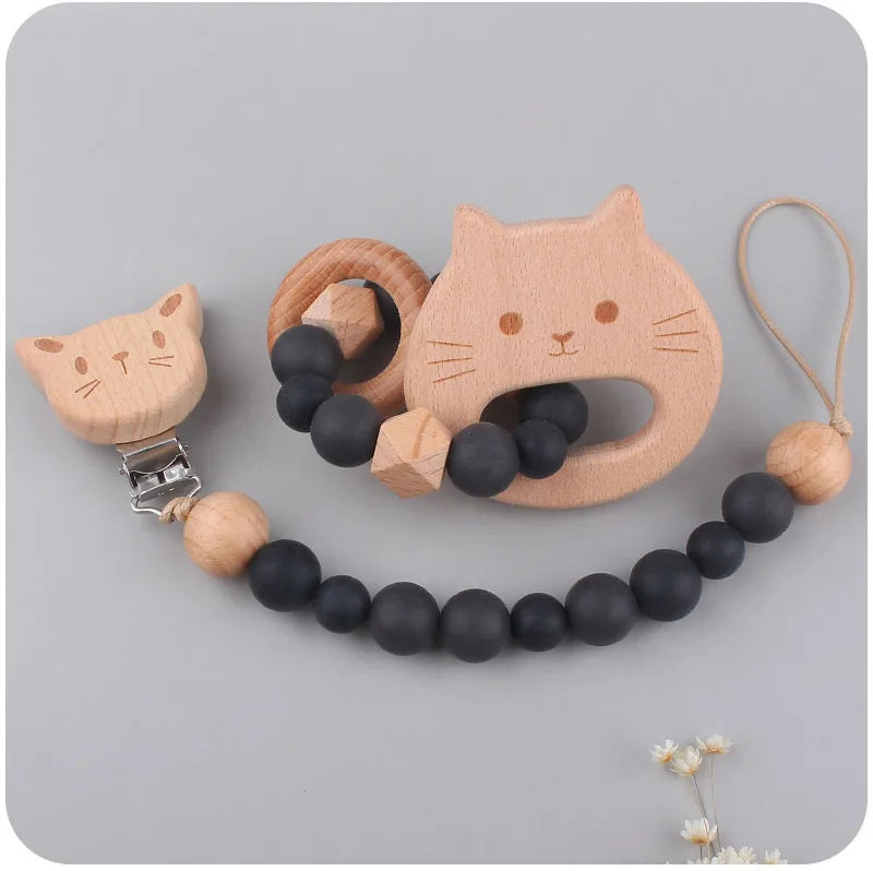 2-teiliges Holz & Silikon Babyset - Beißring und Schnullerkette