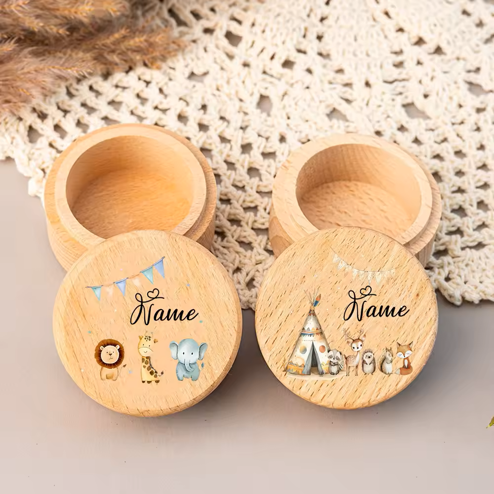 Personalisierte Milchzahndose aus Holz mit Tiermotiven