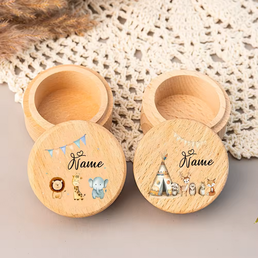 Personalisierte Milchzahndose aus Holz mit Tiermotiven