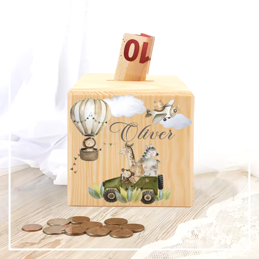 Personalisierte Spardose aus Holz mit Safari Tieren