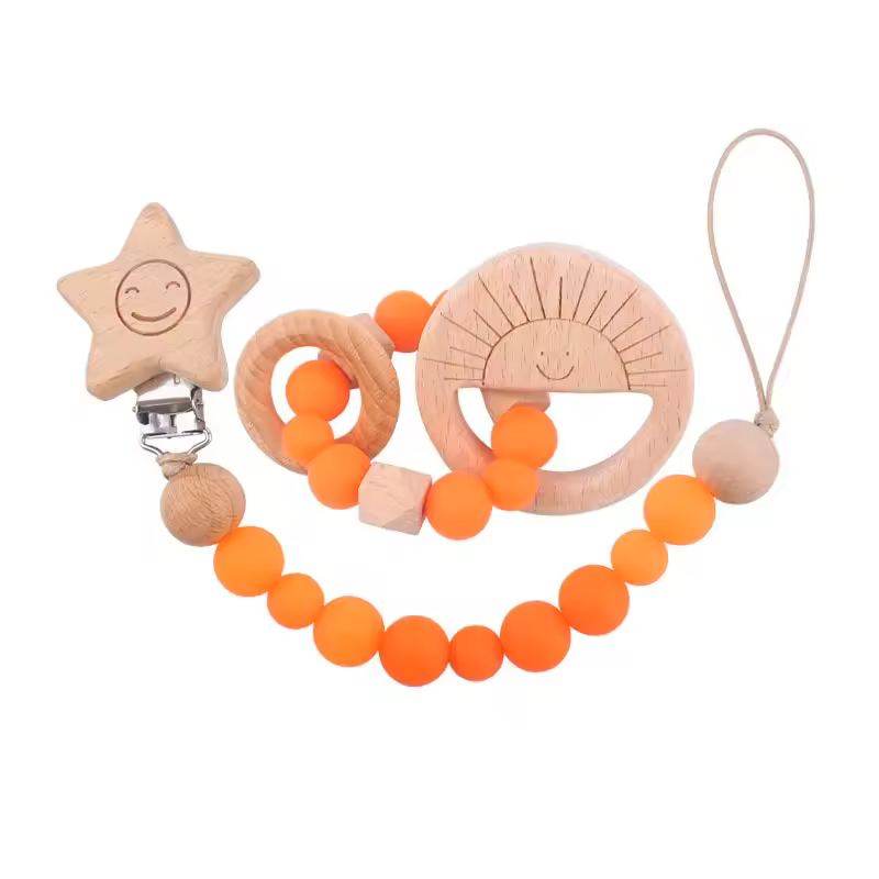 2-teiliges Holz & Silikon Babyset - Beißring und Schnullerkette