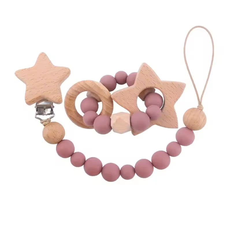 2-teiliges Holz & Silikon Babyset - Beißring und Schnullerkette