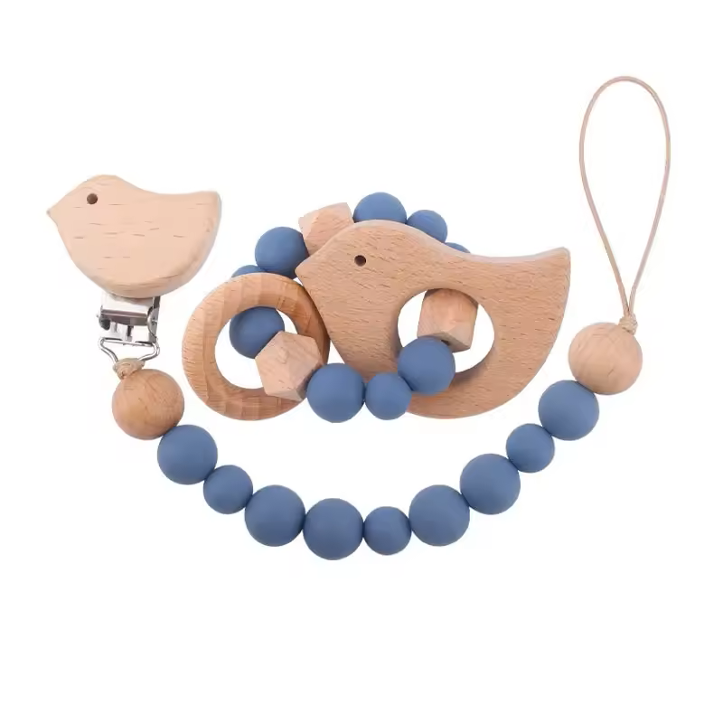 2-teiliges Holz & Silikon Babyset - Beißring und Schnullerkette
